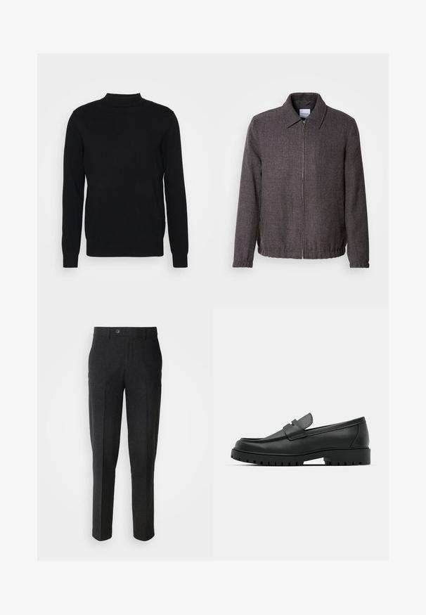 Lindbergh TEXTURED ZIP THROUGHT JACKET - Letná bunda - charcoal; Čierny pulóver zo soft tkaniny s vysokým golierom a dlhými rukávmi. Jednoduchý dizajn, bez vzorov alebo ozdôb.; Lindbergh Nohavice - black melange; Čierne kožené mokasíny s okrúhlou špičkou, s prešitým dizajnom, nízkou platformou a textúrovanou, zúbkovanou gumovou podrážkou.