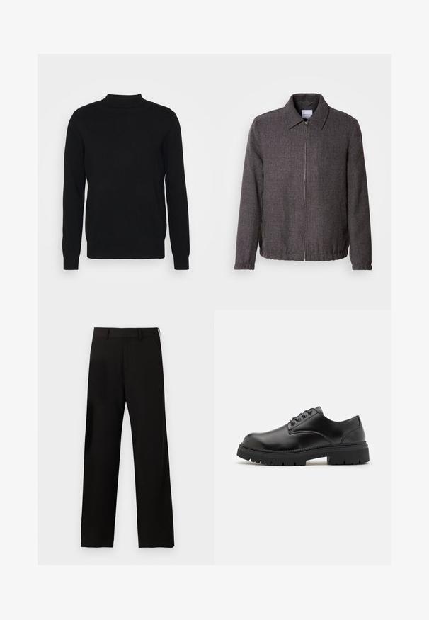 Lindbergh TEXTURED ZIP THROUGHT JACKET - Lichte jas - charcoal; Zwarte pullover trui van zachte stof met een hoge hals en lange mouwen. Eenvoudig ontwerp, zonder patronen of versieringen.; Zwarte broek met rechte pijpen, riemlussen en zijzakken op een effen witte achtergrond.; Zwarte leren schoenen met een ronde neus, vetersluiting en een dikke, gestructureerde rubberen zool. Kenmerken zijn stiksels langs de rand en een gladde afwerking.