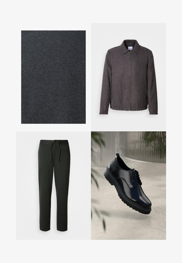 Lindbergh TEXTURED ZIP THROUGHT JACKET - Veste légère - charcoal; Tissu en coton noir avec une texture lisse, présentant un motif de tricot uniforme et sans embellissements ni détails en métal visibles.; Pantalons de jogging gris foncé en mélange de coton doux. Comprend une taille élastique avec cordon de serrage et des poches latérales. Design à jambes droites.; Chaussure en cuir noir avec une finition brillante, bout rond, design à lacets, surpiqûres contrastantes, et semelle épaisse en caoutchouc avec motifs de relief.