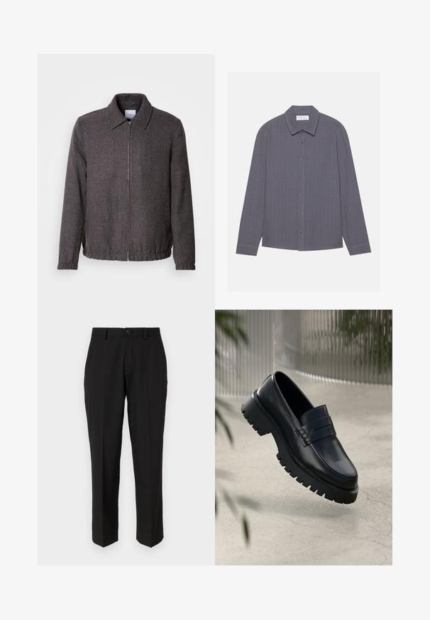 Lindbergh TEXTURED ZIP THROUGHT JACKET - Veste légère - charcoal; Chemise grise à manches longues avec un design à patte de boutonnage, tissu texturé, col pointu et détails à motifs verticaux. Six boutons sur le devant.; Pantalon noir en tissu lisse, présentant une coupe droite, des poches avant, un bouton simple de fermeture et sans motifs visibles.; Mocassins en cuir noir avec une semelle à crampons épaisse, dotés d'une sangle décorative et de détails de couture. Texture lisse avec une finition polie.