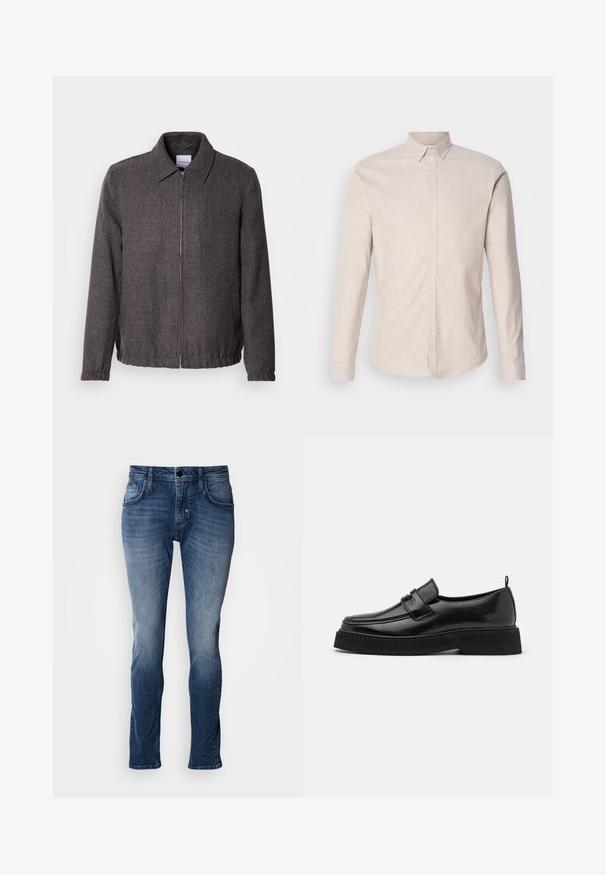Lindbergh TEXTURED ZIP THROUGHT JACKET - Chaqueta fina - charcoal; Camisa larga de manga larga color beige claro con cuello abotonado, fabricada en un tejido texturizado, que presenta un cierre frontal con botones y sin patrones visibles.; Jeans de mezclilla azul con acabado desgastado, diseño de cinco bolsillos, corte recto y detalles de costura. Cierre sencillo con botón y cremallera.; Zapatos estilo mocasín de cuero negro con suela plana y texturizada, con puntera cosida y una correa a lo largo del empeine.