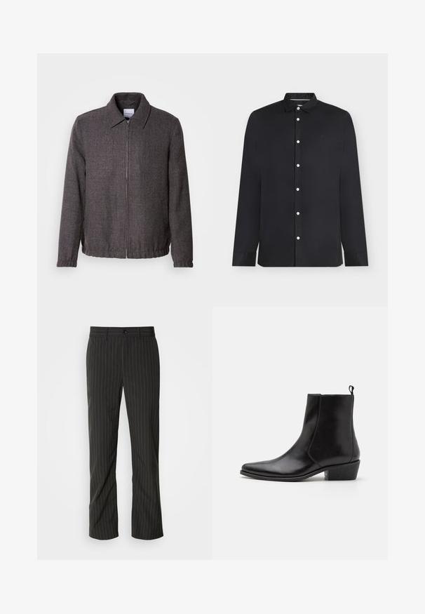 Lindbergh TEXTURED ZIP THROUGHT JACKET - Lichte jas - charcoal; Zwarte lange mouwen blouse met witte knopen en een klein geborduurd logo op de linkerborst, weergegeven op een witte achtergrond.; Zwarte broek met streepjes en een rechte snit. Beschikt over een gladde textuur, een sluiting met knoop aan de voorkant en riemlussen.; Zign by Zalando LEATHER - Cowboy-/Bikerlaarsjes - black