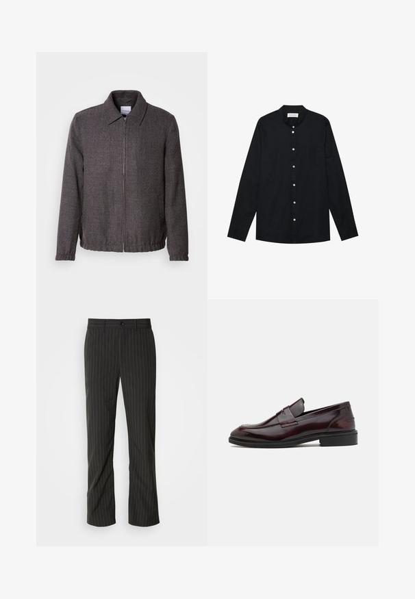 Lindbergh TEXTURED ZIP THROUGHT JACKET - Let jakke / Sommerjakker - charcoal; Sort langærmet skjorte lavet af bomuld med en rund krave, frontknaplukning, enkelt brystlomme og manchetter ved ærmerne.; Sorte skræddersyede bukser med lige snit. Har en glat tekstur, frontlukning med knap og bæltestropper.; Bordeaux læder loafers med en glat finish, rektangulær frontdetalje og en afrundet tå, med en sort gummisål.