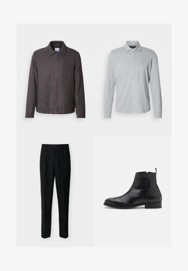 Lindbergh TEXTURED ZIP THROUGHT JACKET - Lichte jas - charcoal; Grijs poloshirt met lange mouwen, gemaakt van zachte katoen, met een knoopsluiting aan de voorkant, een puntige kraag en een subtiel logo op de borst.; Zwarte, op maat gemaakte, high-waist broek met riemlussen, plooien aan de voorkant, zijzakken en een knoop- en ritssluiting.; Zign LEATHER - Lage laarzen - black