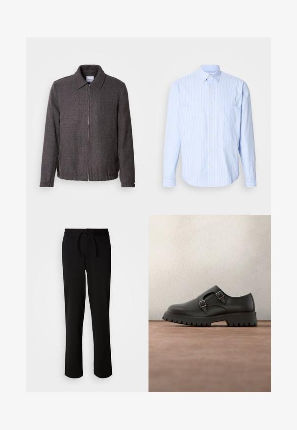 Lindbergh TEXTURED ZIP THROUGHT JACKET - Let jakke / Sommerjakker - charcoal; Lyseblå skjorte med knapper og lodrette striber i hvid og pastel farver, blødt bomuldsstof, to brystlommer og lange ærmer.; Sorte sweatpants med snor i taljen, lavet af blødt og strækbart stof. Har en afslappet pasform med lige ben og uden synlige lommer.; Sort lædersko med dobbelte spænderemme, rundet tå og tekstureret, tyk gummisål. Minimalistisk design med kontrasterende blåt indre.