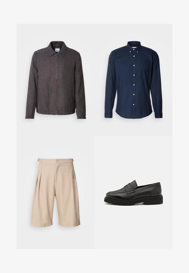 Lindbergh TEXTURED ZIP THROUGHT JACKET - Let jakke / Sommerjakker - charcoal; Marineblå langærmet skjorte med knap-ned krave, frontknapper og afrundet kant. Fremstillet af et glat bomuldsstof.; Beige plisserede shorts med et skræddersyet design, der har en glat tekstur og sidelommer, lukket med en skjult lynlås i taljen.; Sort læder loafersko med rund tå, syningsdetaljer og en tyk, struktureret sål. Har et elegant, minimalistisk design.