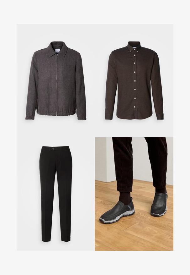Lindbergh TEXTURED ZIP THROUGHT JACKET - Chaqueta fina - charcoal; Camisa marrón de manga larga tipo botón en tejido texturizado, con cuello puntiagudo y botones blancos en la parte frontal.; Pantalones rectos negros de tejido suave, con cierre de botón y bolsillos laterales con un diseño clásico.; Zapatos negros sin cordones con parte superior de cuero texturizado y una suela de goma gris, sobre un suelo de madera y pantalones de pana.