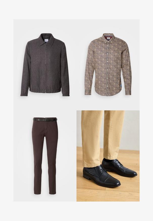 Lindbergh TEXTURED ZIP THROUGHT JACKET - Chaqueta fina - charcoal; Camisa de manga larga en tela marrón con un patrón en espiral en crema y azul marino. Cuello abotonado con cierre frontal de botones y mangas con puños.; Pantalones marrones de corte slim, confeccionados en algodón. Presentan un cinturón de cuero negro y bolsillos estándar. Textura suave con un ligero brillo.; Zapatos de vestirse de cuero negro con un acabado suave, que presentan una punta redondeada, un diseño con cordones y un sutil logotipo en el costado, combinados con pantalones caqui.