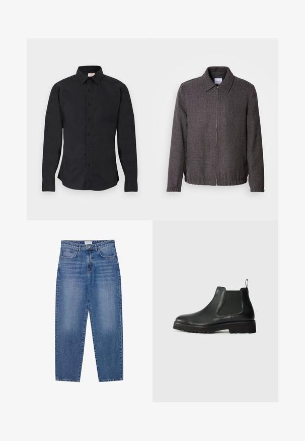 Lindbergh TEXTURED ZIP THROUGHT JACKET - Leichte Jacke - charcoal; Schwarzes, langärmeliges Hemd zum Knöpfen mit Kragen, geknöpften Manschetten und einem kleinen Logo auf der linken Brustseite, auf einer flachen Oberfläche dargestellt.; Blaue Denim-Jeans mit hoher Taille, geradem Bein und ausgebleichtem Finish. Verfügt über fünf Taschen und einen Knopfverschluss.; Schwarze Leder Chelsea-Stiefel mit elastischem Seitenpanel, runder Zehenpartie, strukturiertem Sohlenprofil und kleiner Zuglasche an der Ferse.