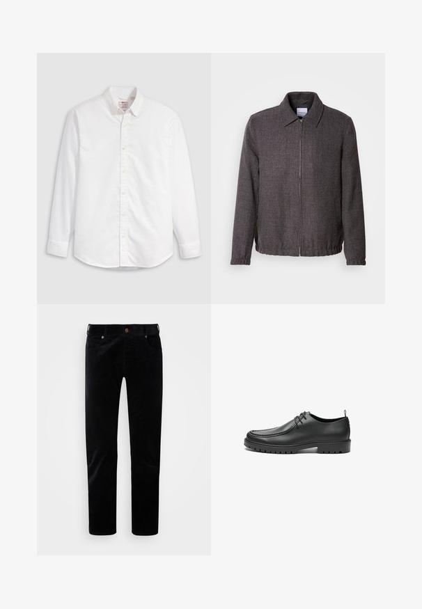 Lindbergh TEXTURED ZIP THROUGHT JACKET - Veste légère - charcoal; Chemise blanche à boutons en coton avec manches longues, col classique et ourlet arrondi. Dotée de boutons jaunes et d'un branding discret.; Pantalons en velours côtelé noirs avec une coupe droite, style cinq poches et une texture striée subtile. Dotés d'un bouton en métal et d'une fermeture éclair.; Chaussures en cuir noir avec une finition lisse, bout arrondi et coutures décoratives. Elles possèdent une semelle en caoutchouc avec des rainures de traction et un laçage.