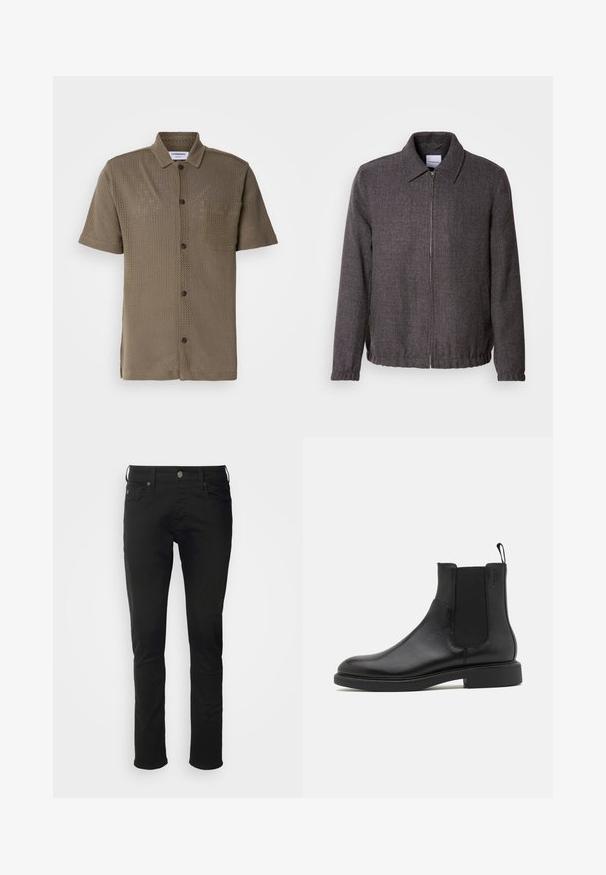 Lindbergh TEXTURED ZIP THROUGHT JACKET - Let jakke / Sommerjakker - charcoal; Kortærmet, olivenfarvet skjorte lavet af mesh-stof, med knaplukning foran, en brystlomme og en afslappet pasform.; Sorte bomuldsjeans med lige ben, der har en frontknaplukning, bæltestropper og standardlommer med en glat tekstur.; Sort læder ankelstøvle med glat overflade, elastiske sidepaneler og en trækstrop. Rund tå og flad gummisål med minimal mønster.