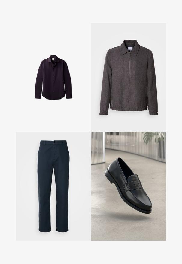 Lindbergh TEXTURED ZIP THROUGHT JACKET - Letná bunda - charcoal; Košeľa s dlhým rukávom tmavofialovej farby, vyrobená z hladkej látky. Má zapínanie na gombíky vpredu, mäkký golier a zaoblený lem.; Námořnické modré chinos vyrobené z bavlněné tkaniny, s rovnými nohavicemi, zapínáním na knoflík a bočními kapsami pro praktičnost.; Čierna kožená mokasína s hladkou textúrou, špicatou špičkou a ozdobným remienkom cez priehlavok. Ľahká podrážka, minimalistický dizajn.