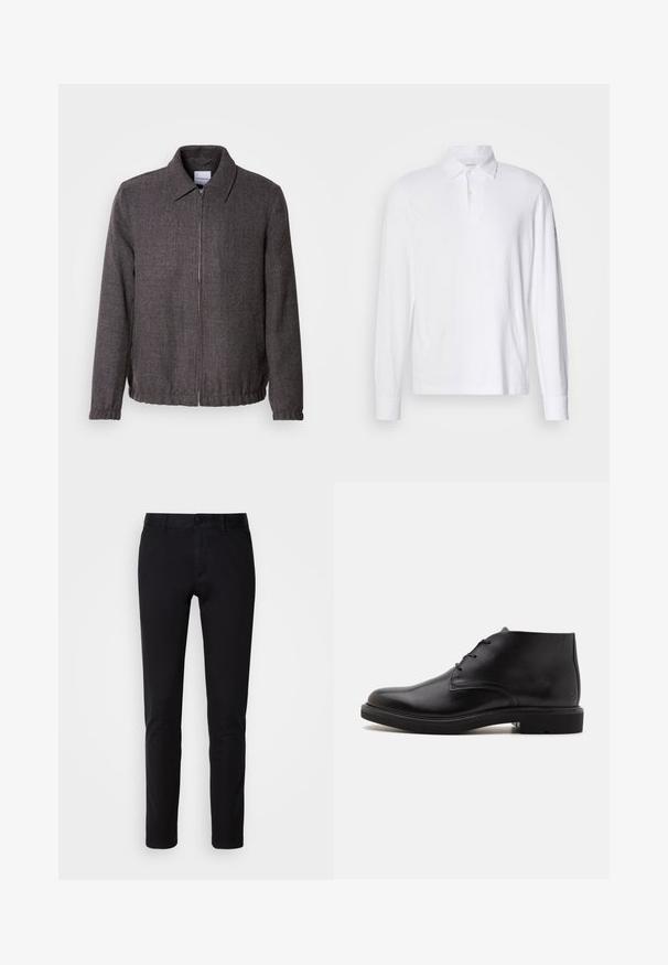 Lindbergh TEXTURED ZIP THROUGHT JACKET - Lichte jas - charcoal; Witte lange mouwen polohemd met kraag en twee knopen, weergegeven op een lichtgrijze achtergrond.; Zwarte broek van glad katoen, met een recht model, voorzakken, een knoopsluiting en een nette afwerking.; Zwarte leren enkellaars met drie veterogen, een afgeronde neus en platte zool op een effen lichte achtergrond.