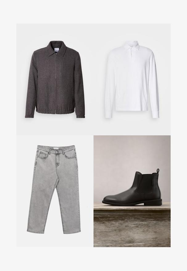 Lindbergh TEXTURED ZIP THROUGHT JACKET - Lichte jas - charcoal; Witte lange mouwen polohemd met kraag en twee knopen, weergegeven op een lichtgrijze achtergrond.; Lichtgrijze spijkerbroek van denim met knopen aan de voorkant en rits, riemlussen en vijf zakken, plat gelegd op een witte achtergrond.; Zwarte leren enkelboot met een gladde textuur, ronde neus, elastische zijkanten en een trekkatch, geplaatst op een houten oppervlak.