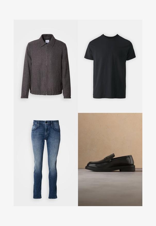 Lindbergh TEXTURED ZIP THROUGHT JACKET - Leichte Jacke - charcoal; Schwarzes Baumwoll-T-Shirt mit kurzen Ärmeln, Rundhalsausschnitt und lässiger Passform. Glatte Textur und gerader Saum, keine sichtbaren Grafiken oder Muster.; Blaue Jeans aus Denim mit einem ausgewaschenen Finish, Fünf-Taschen-Design, geradem Bein und Steppnähte. Einfache Knopf- und Reißverschlussöffnung.; Schwarzer Lederschuh ohne Schnürsenkel schwebt über einem beigen gewebten Teppich, im Hintergrund ein runder Holztisch und ein Sofa.