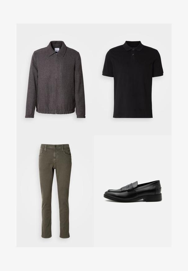Lindbergh TEXTURED ZIP THROUGHT JACKET - Leichte Jacke - charcoal; Schwarzes Poloshirt aus Baumwolle mit klassischem Kragen, zweiknöpfiger Knopfleiste, kurzen Ärmeln und einem gestickten Logo auf der Brust.; Antony Morato KURT COMFORT - Jeans Tapered Fit - dark olive; Schwarzer Leder-Herrenloafer mit Quasten-Detail, abgerundeter Spitze, niedrigem Absatz und glatter, polierter Oberfläche, von der Seite auf weißem Hintergrund dargestellt.