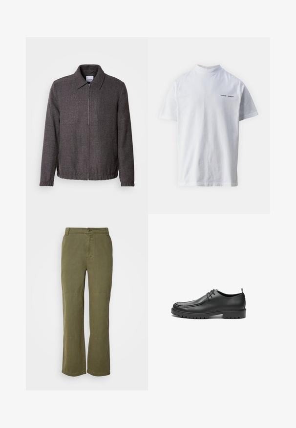Lindbergh TEXTURED ZIP THROUGHT JACKET - Veste légère - charcoal; T-shirt en coton blanc avec un col haut et des manches courtes. Présente le logo "SAMSØE SAMSØE" en noir sur le devant. Texture lisse.; Pantalon en coton vert olive avec une coupe droite, fermeture à bouton visible et coutures au niveau des genoux pour plus de détails et de structure.; Chaussures en cuir noir avec une finition lisse, bout arrondi et coutures décoratives. Elles possèdent une semelle en caoutchouc avec des rainures de traction et un laçage.