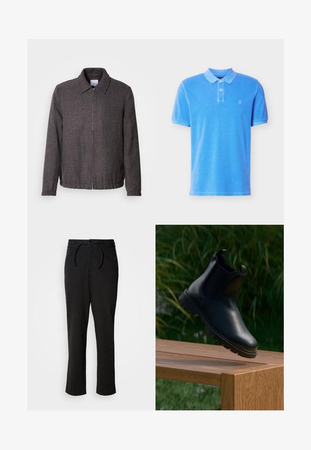 Lindbergh TEXTURED ZIP THROUGHT JACKET - Chaqueta fina - charcoal; Camiseta polo azul de manga corta con dos botones blancos y un pequeño logo blanco "M OP" en el lado izquierdo del pecho, exhibida sobre un fondo blanco.; Pantalones de punto negros con cintura elástica y cordón, corte recto y bolsillos laterales. Textura suave con un acabado liso.; Bota Chelsea de cuero negro con punta redonda, paneles laterales elásticos, tiradores y suela de goma texturizada, colocada sobre una superficie de madera.