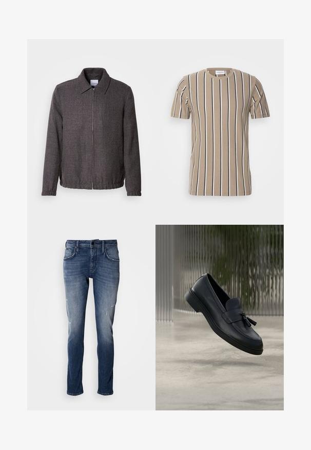 Lindbergh TEXTURED ZIP THROUGHT JACKET - Chaqueta fina - charcoal; Camiseta de algodón beige con rayas horizontales en marrón oscuro y blanco, cuello redondo y mangas cortas. Textura suave y diseño casual.; Antony Morato KURT COMFORT - Vaqueros tapered - blue denim; Mocasines de cuero negro con textura suave, punta redondeada y borlas decorativas en el frente. Suela de goma flexible con tacón bajo.
