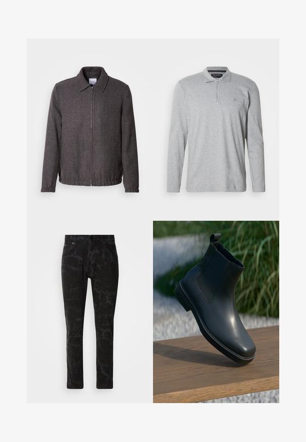 Lindbergh TEXTURED ZIP THROUGHT JACKET - Leichte Jacke - charcoal; Graues Langarm-Polohemd aus weichem Stoff, mit einem halben Reißverschluss, einem klassischen Kragen und einem kleinen Logo auf der Brust.; Schwarze Jeans aus Denim mit marmoriertem Muster, geradem Bein, Fünf-Taschen-Stil und Knopfverschluss am Bund.; Schwarze Leder-Ankleboots mit glatter Oberfläche, elastischen Seiten und einer Schlaufe als Zuglasche, die auf einer Holzoberfläche vor einem verschwommenen Hintergrund stehen.