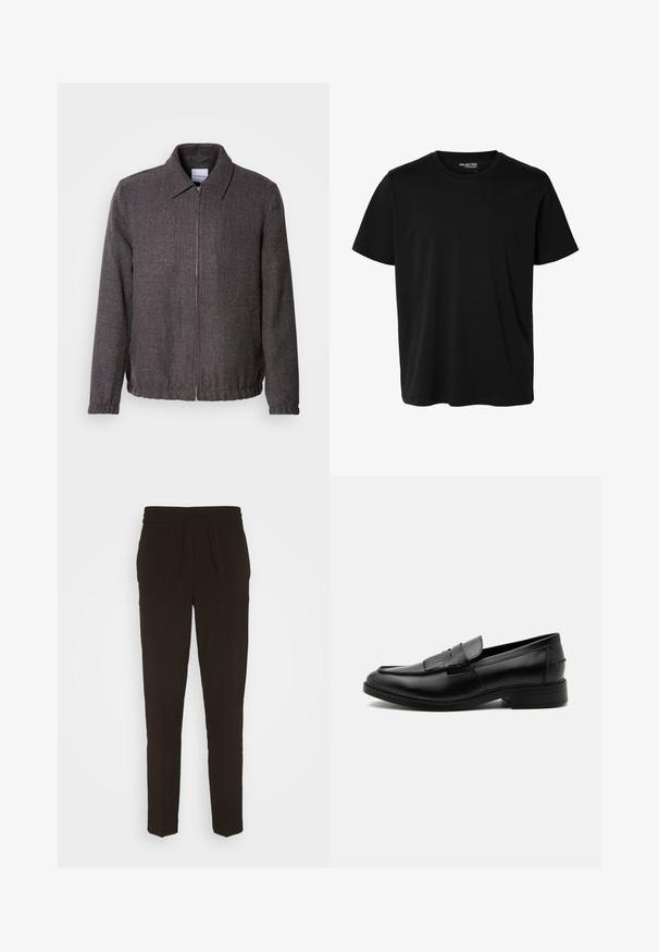Lindbergh TEXTURED ZIP THROUGHT JACKET - Leichte Jacke - charcoal; Schlichtes schwarzes T-Shirt mit kurzen Ärmeln und Rundhalsausschnitt in Herrenform, ohne sichtbare Muster oder Logos auf der Vorderseite.; Schwarze, lange, schmal zulaufende Hose aus einem weichen, glatten Material. Mit einem elastischen Bund und einem Kordelzug für eine verstellbare Passform.; Schwarzer Leder-Herrenloafer mit Quasten-Detail, abgerundeter Spitze, niedrigem Absatz und glatter, polierter Oberfläche, von der Seite auf weißem Hintergrund dargestellt.