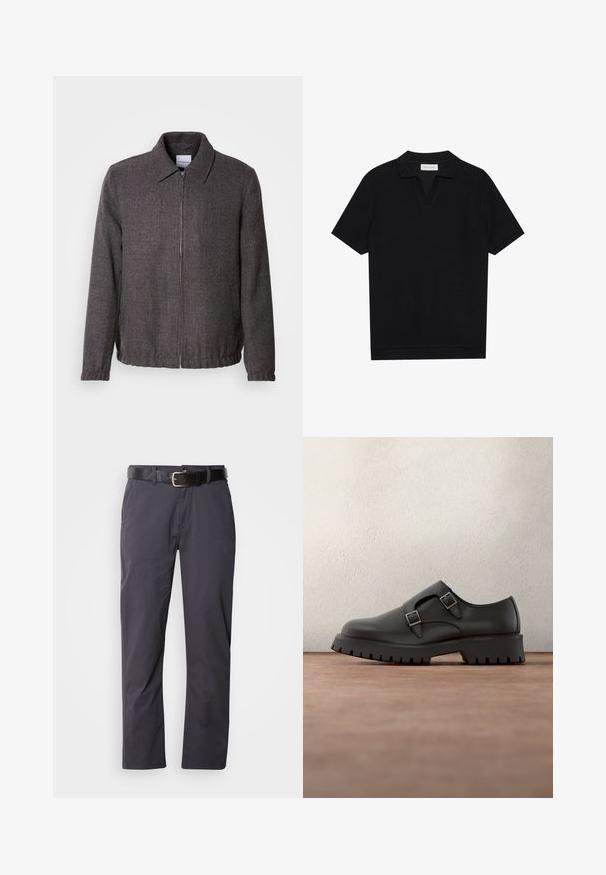 Lindbergh TEXTURED ZIP THROUGHT JACKET - Kevyt takki - charcoal; Mustan lyhythihainen polo-paita, jossa on teksturoitu, ribattua kangasta, v-pääntie ja suora helma. Ei näkyviä logoja tai kuvioita.; Mustat puuvillahousut suoran leikkauksen omaavina, joissa on kaksi etutaskua ja vyö. Kankaan pinta on sileä ja mattapintainen.; Musta nahkakenkä, jossa on kaksinkertaiset solkisangat, pyöristetty kärki ja kuvioitu, paksu kumipohja. Minimalistinen muotoilu, jossa on kontrastivärinen sininen sisäpuoli.