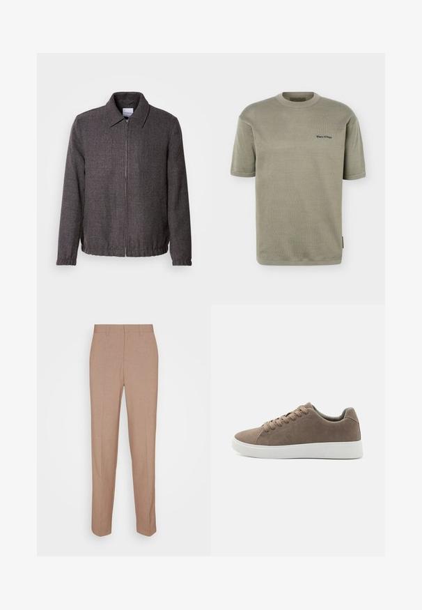 Lindbergh TEXTURED ZIP THROUGHT JACKET - Let jakke / Sommerjakker - charcoal; Lyse olivengrøn kortærmet strikket T-shirt med rund halsudskæring og lille sort "Marc O'Polo" logo på venstre bryst.; Beige skræddersyede bukser i en glat, struktureret stof. Straight fit med en linning og uden synlige pyntedetaljer eller lommer.; Brune ruskinds sneakers med flade hvide gummisåler, snørelukning, rund tå og en glat overflade. Minimalistisk stil med diskrete syninger.