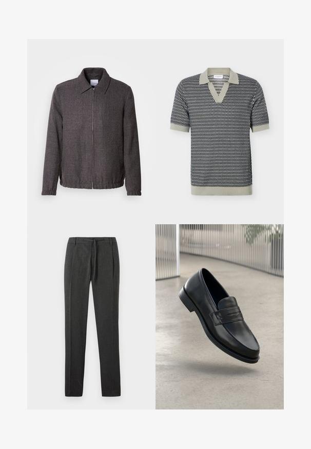 Lindbergh TEXTURED ZIP THROUGHT JACKET - Leichte Jacke - charcoal; Kurzärmeliges Strick-Poloshirt mit schwarz-weißem geometrischem Muster, beigem Kragen, Bündchen und Saum.; Dunkelgraue Hose aus strukturiertem Stoff, mit geradem Bein, vorderem Bundfalten und verstellbarem Gummibund. Keine sichtbaren Taschen oder Akzente.; Schwarzer Lederloafer mit glatter Textur, spitzer Zehe und einem dekorativen Riemen über dem Rist. Leichte Sohle, minimalistisches Design.