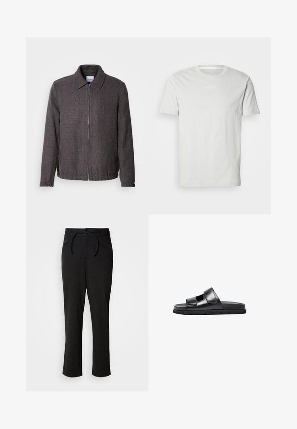 Lindbergh TEXTURED ZIP THROUGHT JACKET - Kevyt takki - charcoal; Valkoinen puuvillainen t-paita, jossa on lyhyet hihat, pyöreä pääntie ja pieni logo rinnassa. Pehmeä rakenne ja klassinen malli. Ei kuvioita.; Mustat neulehousut, joissa on naru vyötäröllä, suora lahkeensuukku ja sivutaskut. Pehmeä pinta ja sileä viimeistely.; Mustat nahkaiset liukusandaalit, joissa on leveä säädettävä hihna, avoin varvasosa ja teksturoitu pohja. Minimalistinen muotoilu litteällä, pehmustetulla pohjalla.