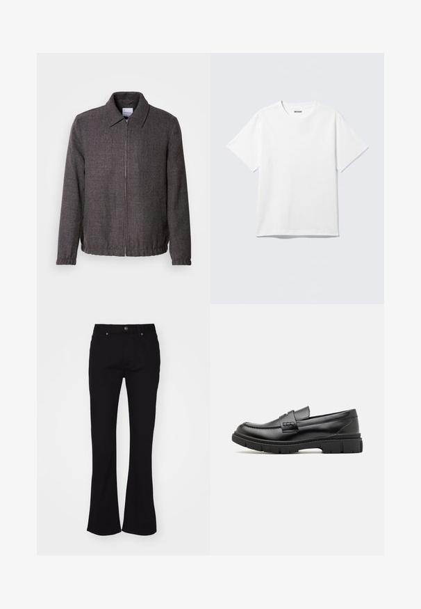 Lindbergh TEXTURED ZIP THROUGHT JACKET - Leichte Jacke - charcoal; Weißes T-Shirt mit kurzen Ärmeln und Rundhalsausschnitt, flach liegend, schlichtes Design, mit „WEEKDAY“-Etikett innen im Kragen auf hellem Hintergrund.; Schwarze hoch taillierte Schlagjeans mit Knopfverschluss vorne und fünf Taschen, auf einem weißen Hintergrund präsentiert.; Schwarze Lederloafer mit einem breiten Riemen über dem Rist, Gummisohle mit dicken Profilen und glatter Textur. Klassisches, schlankes Design.