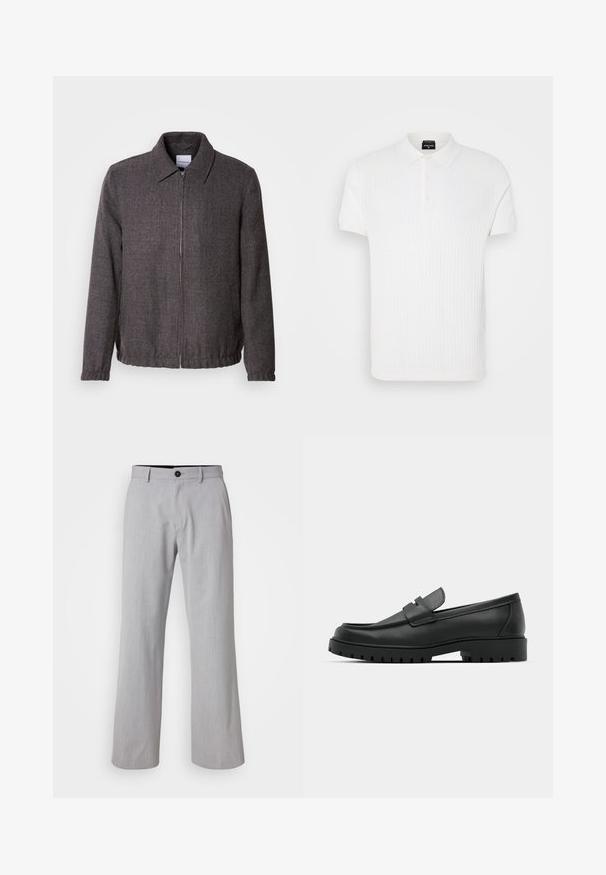 Lindbergh TEXTURED ZIP THROUGHT JACKET - Veste légère - charcoal; Polo-shirt blanc à manches courtes avec un motif en maille texturée, col classique et patte de boutonnage à trois boutons. Fini en tissu lisse.; Pantalons larges gris clair en tissu texturé. Présente une taille avec passants de ceinture, une fermeture à bouton à l'avant et deux poches latérales.; Mocassins en cuir noir à bout arrondi, avec un design cousu, une semelle plateforme basse et une semelle en caoutchouc texturée et crantée.