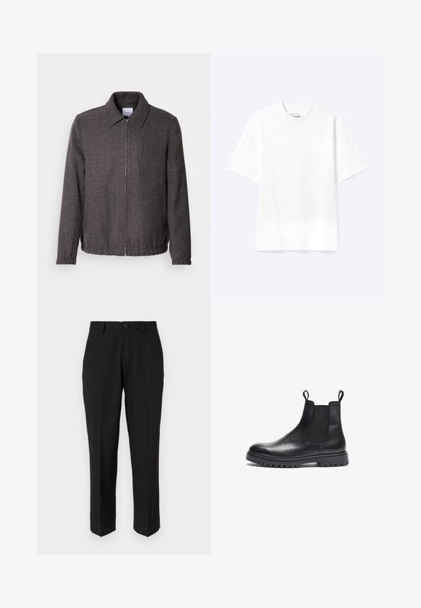 Lindbergh TEXTURED ZIP THROUGHT JACKET - Leichte Jacke - charcoal; Schlichtes weißes T-Shirt mit kurzen Ärmeln und Rundhalsausschnitt in entspannter Passform, auf hellem Hintergrund dargestellt.; Schwarze Hosen aus glattem Stoff mit geradem Bein, Fronttaschen, einem einzigen Knopfverschluss und ohne sichtbare Muster.; Schwarze Leder Chelsea-Boots mit strukturierter Oberfläche, elastischen Seitenpanels und Zuglaschen. Verfügt über eine klobige Gummisohle mit Profil.