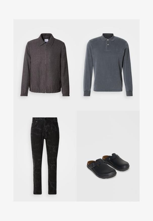 Lindbergh TEXTURED ZIP THROUGHT JACKET - Lichte jas - charcoal; Dons lange mouw polo shirt in donkergrijs, gemaakt van zachte stof, heeft een drie-knopen sluiting, ribgebreide manchetten en een subtiele geborduurde logo op de borst.; Zwarte spijkerbroek van denim met een gemarmerd patroon, rechte pijpen, vijf zakken en een knoopsluiting bij de tailleband.; Zwarte instapklompen met verstelbare zijgespen en gevormde kurkzolen op een neutrale achtergrond.
