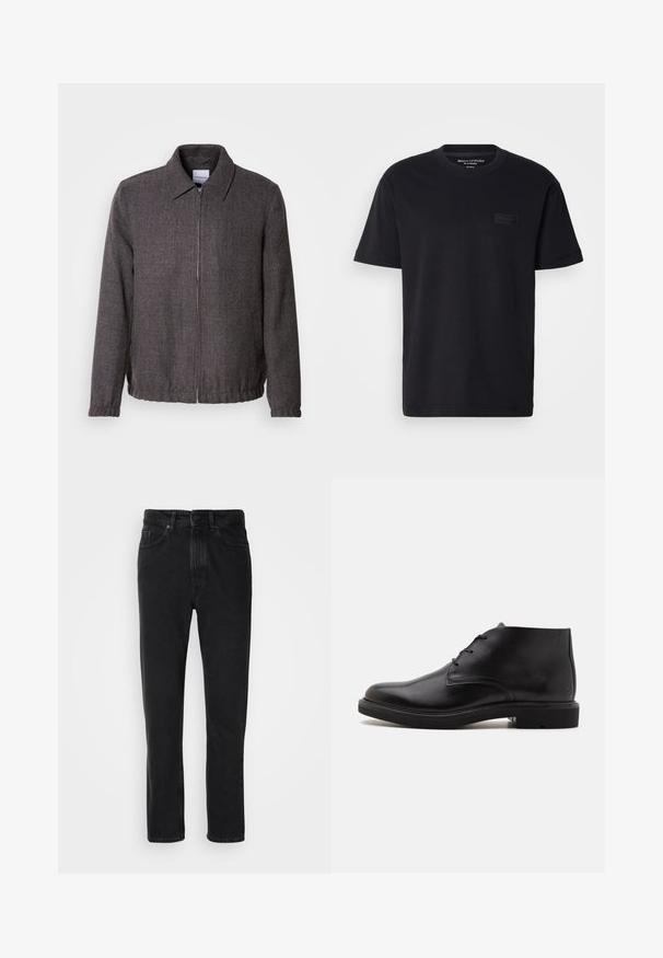 Lindbergh TEXTURED ZIP THROUGHT JACKET - Let jakke / Sommerjakker - charcoal; Sort bomulds t-shirt med korte ærmer, rund halsudskæring og en tekstureret, sort logo-patch på brystet. Glat, let stof.; Sorte denim jeans med lige ben-design, med knap- og lynlåslukning, forlommer og subtile teksturer.; Sort læderankelstøvle med tre snørehuller, rundet tå og flad sål på en ensfarvet lys baggrund.
