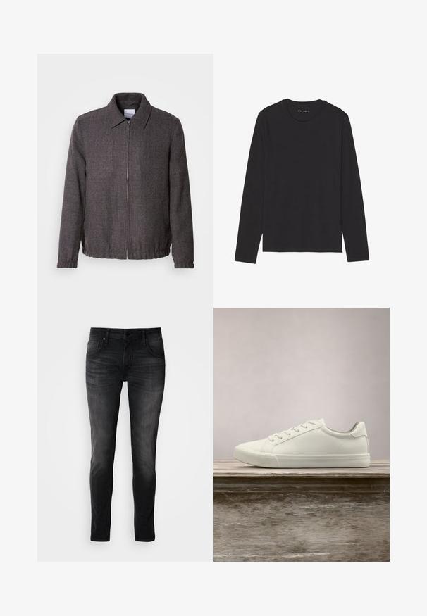Lindbergh TEXTURED ZIP THROUGHT JACKET - Leichte Jacke - charcoal; Schwarzes Langarm-T-Shirt aus weichem, leichtem Stoff. Verfügt über einen runden Halsausschnitt und einen geraden Saum. Keine sichtbaren Muster oder Akzente.; Schwarze Denim-Jeans im Slim-Fit-Schnitt, mit fünf Taschen, dezentem Used-Look und Kontrastnähten. Ausgestattet mit klassischem Metallknopf und Reißverschluss.; Weiße Schnürsneaker, die über einer Holzbank mit grünem Laub im Hintergrund schweben und das Schuhdesign sowie die Textur zeigen.