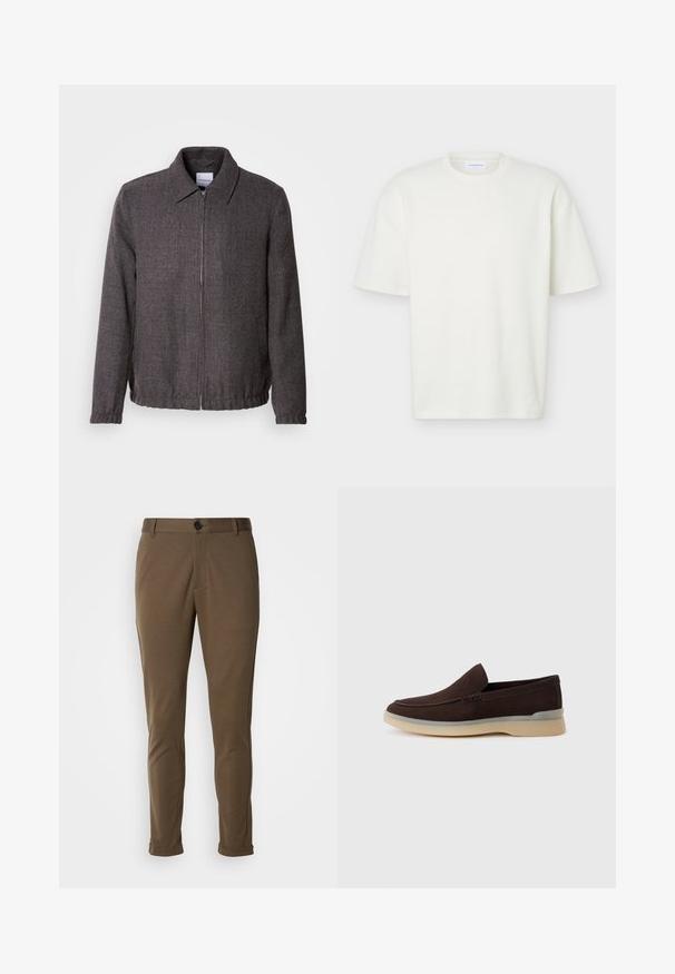 Lindbergh TEXTURED ZIP THROUGHT JACKET - Lichte jas - charcoal; Witte textuur korte mouw T-shirt met ronde hals, reguliere pasvorm en een klein merklabel aan de binnenkant van de kraag.; Bruine, op maat gemaakte broeken met een gladde textuur, voorzien van een knoopsluiting en opgerolde mouwen. Ontworpen met een slim fit en functionele zakken.; Bruine suède instappers met een ronde neus, crèmekleurige zool en grijze accenten op de hak. Glad oppervlak, minimale stiksel-detail.