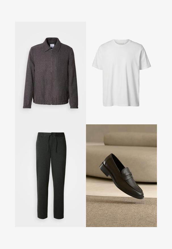 Lindbergh TEXTURED ZIP THROUGHT JACKET - Let jakke / Sommerjakker - charcoal; Enkelt hvid T-shirt med korte ærmer og rund hals, løs pasform og uden synlige logoer eller designs foran.; Mørkegrå sweatpants lavet af en blød bomuldsblanding. Har elastisk talje med snor og sidelommer. Lige ben-design.; Sort læder loafer sko, der hviler på et beige tæppe med en buet beige sofa i baggrunden.