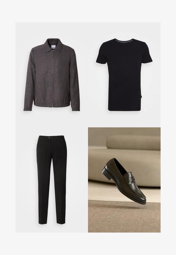 Lindbergh TEXTURED ZIP THROUGHT JACKET - Lichte jas - charcoal; Lindbergh T-shirt basic - black; Zwarte rechte broek van gladde stof, met een knoopsluiting en zijzakken in een klassiek ontwerp.; Zwarte leren loafer zwevend boven een beige tapijt met een beige bank op de achtergrond, met een klassiek mannenmodel instapontwerp.