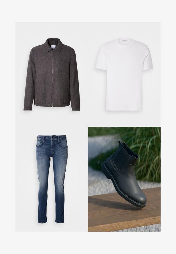 Lindbergh TEXTURED ZIP THROUGHT JACKET - Leichte Jacke - charcoal; Weißes Baumwoll-T-Shirt mit Rundhalsausschnitt und kurzen Ärmeln. Verfügt über ein dezentes Logo auf der Vorderseite, eine glatte Textur und eine klassische Passform.; Antony Morato KURT COMFORT - Jeans Tapered Fit - blue denim; Schwarze Leder-Stiefelette mit elastischen Seitenpanelen, strukturierten Akzenten und Gummisohle; die Präsentation umfasst eine Holzoberfläche und Grünpflanzen.