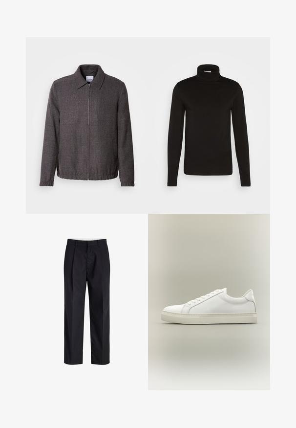 Lindbergh TEXTURED ZIP THROUGHT JACKET - Lichte jas - charcoal; Zwarte coltrui met lange mouwen, gemaakt van een gladde stof met een aansluitend ontwerp en een hoge, strakke kraag. Geen patronen of accenten zichtbaar.; Zwarte broek met rechte pijpen, voorzien van een tailleband, riemlussen, een ritssluiting aan de voorkant en zijzakken, afgebeeld op een witte achtergrond.; Witte lage sneaker met veters aan de voorkant en dikke zool, zijaanzicht tegen een neutrale achtergrond.