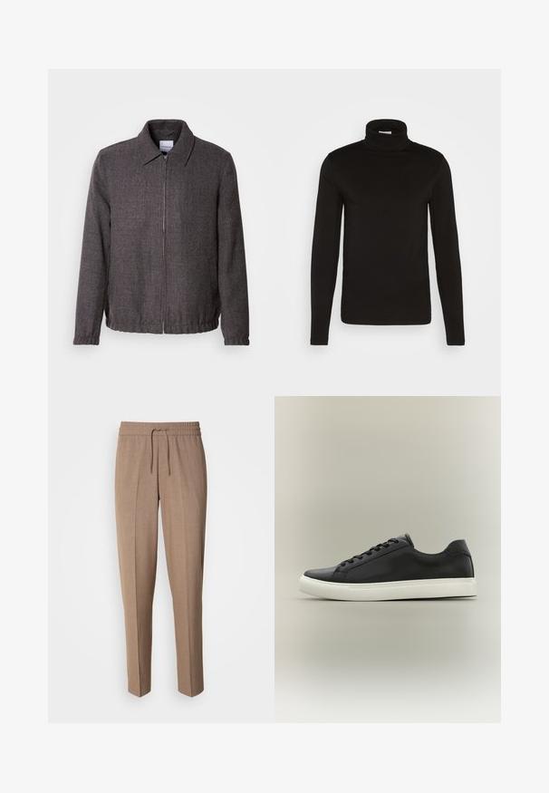 Lindbergh TEXTURED ZIP THROUGHT JACKET - Leichte Jacke - charcoal; Schwarz, langärmliges Turtleneck-Shirt aus einem glatten Stoff mit figurnaher Passform und hohem, enganliegendem Kragen. Keine sichtbaren Muster oder Akzente.; Braune, gewebte Stoffhose mit lockerer Passform, Kordelzugbund und vorderen Falten. Gerade Beine und keine sichtbaren Taschen oder Befestigungen.; Schwarzer Sneaker mit niedrigem Schnitt, weißer Gummisohle und schwarzen Schnürsenkeln, im Seitenprofil vor neutralem Hintergrund dargestellt.