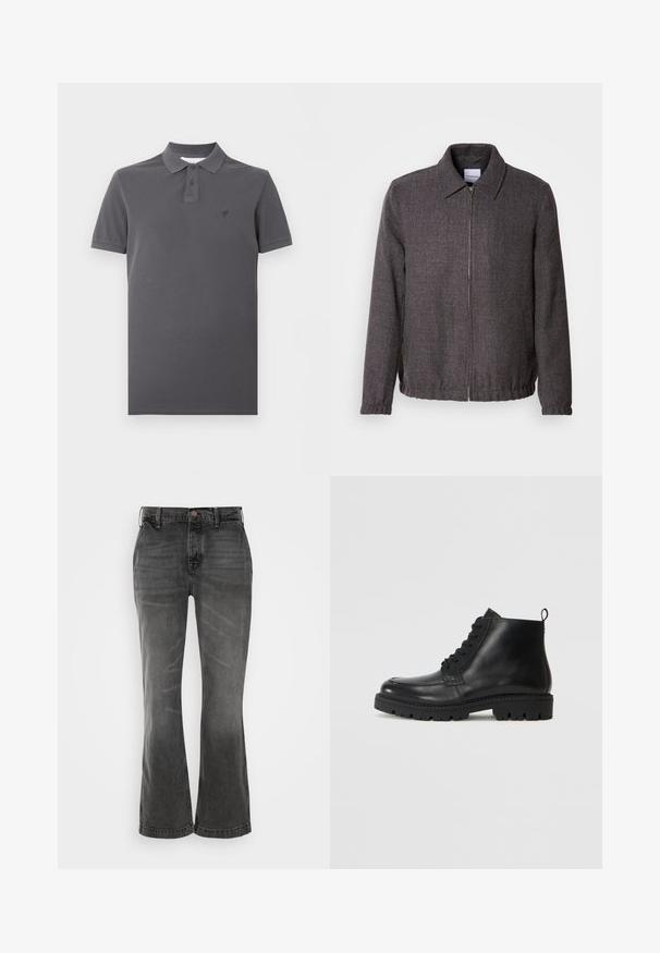 Lindbergh TEXTURED ZIP THROUGHT JACKET - Veste légère - charcoal; Polo gris foncé à manches courtes avec patte de boutonnage à deux boutons et logo brodé discret sur la poitrine gauche, sur fond blanc.; Jean grises évasées en denim, présentant un design classique à cinq poches avec une fermeture à bouton et une texture légèrement délavée.; Bottines en cuir noir à bout rond, avec des lacets à l'avant et une semelle en caoutchouc texturée. Comprend une languette à l'arrière pour un enfilage facile.