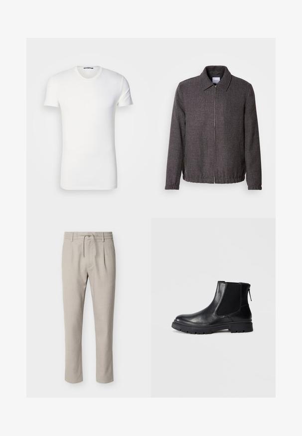 Lindbergh TEXTURED ZIP THROUGHT JACKET - Let jakke / Sommerjakker - charcoal; Hvid bomulds T-shirt med korte ærmer, rund halsudskæring og broderet logo på brystet. Glat tekstur og tætsiddende design.; Lys beige bukser med lige ben, bæltestropper, frontknap, lynlås, snøre ved taljen og sidelommer.; Sort læderankelstøvle med en glat overflade, elastiske mesh-sider og en robust sål med synligt mønster.
