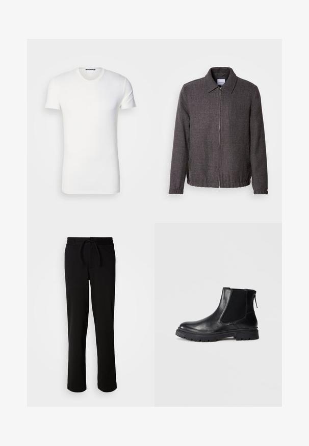 Lindbergh TEXTURED ZIP THROUGHT JACKET - Leichte Jacke - charcoal; Weiße Baumwoll-T-Shirt mit kurzen Ärmeln, Rundhalsausschnitt und gesticktem Logo auf der Brust. Sanfte Textur und taillierte Passform.; Schwarze Jogginghosen mit einem Kordelzugbund, hergestellt aus weichem, elastischem Material. Sie haben einen lockeren Schnitt mit geraden Beinen und keine sichtbaren Taschen.; Schwarze Leder-Ankle-Boots mit einer glatten Oberfläche, elastischen Mesh-Seitenteilen und einer robusten Sohle mit sichtbarem Profil.