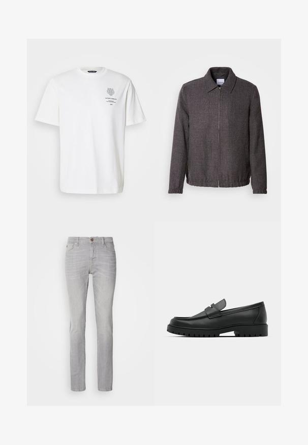 Lindbergh TEXTURED ZIP THROUGHT JACKET - Leichte Jacke - charcoal; Weißes Baumwoll-T-Shirt mit rundem Halsausschnitt, kurzen Ärmeln und einem grauen Logo- und Textdruck auf der Vorderseite.; Hellgraue Jeans aus Denim mit gerade geschnittenem Schnitt, ausgestattet mit fünf Taschen, einem Knopfverschluss und dezenten Waschungseffekten.; Schwarze Lederloafer mit runder Zehenform, ausgestattet mit einem gesteppten Design, niedrigem Plattformsohle und einer strukturierten, genoppten Gummisohle.