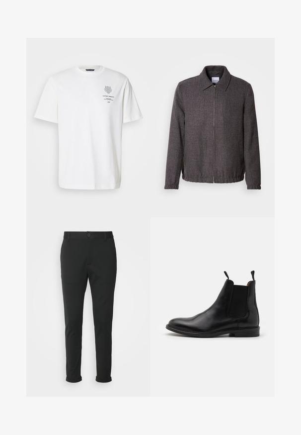 Lindbergh TEXTURED ZIP THROUGHT JACKET - Let jakke / Sommerjakker - charcoal; Hvid bomulds t-shirt med rund halsudskæring, korte ærmer og et trykt logo og tekstdesign på forsiden i grå.; Sorte bukser lavet af et glat stof med lige pasform. Har en enkelt knaplukning og opspejdede manchetter.; Sort læder Chelsea-støvle med elastiske sidepaneler, rund tå, trækflapper og en lav stablet hæl. Glat tekstur og klassisk design.