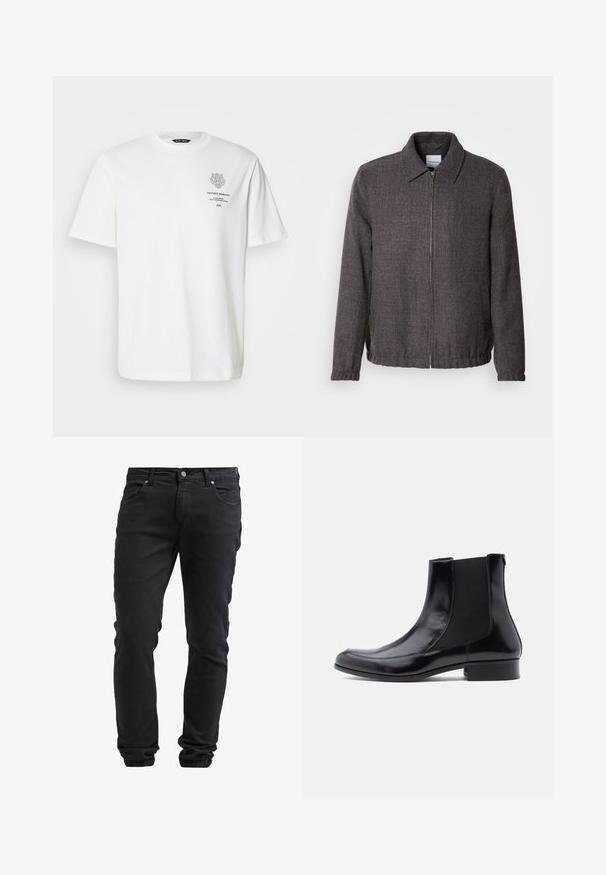 Lindbergh TEXTURED ZIP THROUGHT JACKET - Let jakke / Sommerjakker - charcoal; Hvid bomulds t-shirt med rund halsudskæring, korte ærmer og et trykt logo og tekstdesign på forsiden i grå.; Sorte slim-fit jeans med knap- og lynlås-lukning, fem lommer og elastiske manchetter ved anklerne.; Sorte læderankelstøvler med elastiske sidepaneler, en glat tekstur, rundet tå og lav blokhæle. Enkel, strømlinet design med minimal syning.