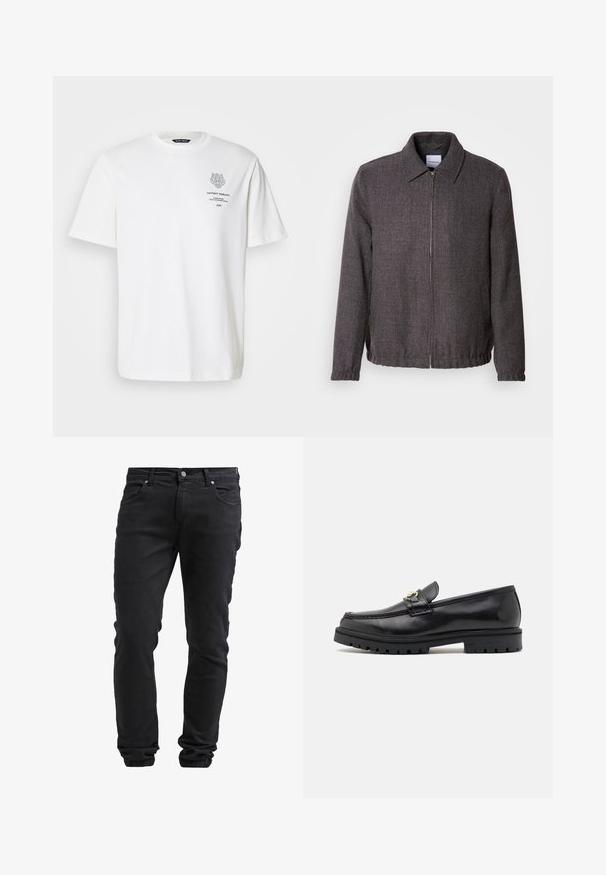 Lindbergh TEXTURED ZIP THROUGHT JACKET - Chaqueta fina - charcoal; Camiseta de algodón blanca con cuello redondo, mangas cortas y un diseño impreso de logo y texto en la parte delantera en gris.; Jeans negros slim fit con cierre de botón y cremallera, cinco bolsillos y puños elásticos en los tobillos.; Mocasines de cuero negro con un acabado suave, punta redonda, una tira decorativa con herraje dorado y una suela negra robusta.