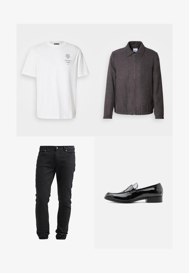 Lindbergh TEXTURED ZIP THROUGHT JACKET - Leichte Jacke - charcoal; Weißes Baumwoll-T-Shirt mit rundem Halsausschnitt, kurzen Ärmeln und einem grauen Logo- und Textdruck auf der Vorderseite.; Schwarze Slim-Fit-Jeans mit Knopf- und Reißverschluss, fünf Taschen und elastischen Bündchen an den Knöcheln.; Schwarzer Lackleder-Herrenschuh mit niedrigem Absatz, rundem Zehenbereich und Riemendetail über dem Spann vor weißem Hintergrund.