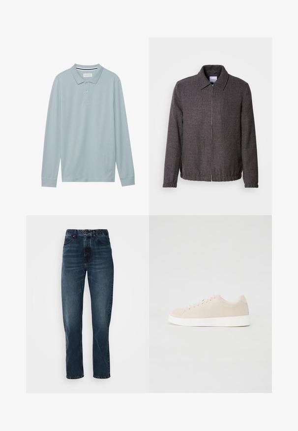 Lindbergh TEXTURED ZIP THROUGHT JACKET - Lichte jas - charcoal; Lange mouw polo shirt in lichtblauw met een vlakke kraag, een drieknoopssluiting en een subtiele textuur. Beschikt over een gestreepte binnenkraag.; Donkerblauwe recht gesneden jeans met een sluiting met knoop en rits aan de voorkant, vijf-pocket ontwerp en subtiele vervaging op de dijen en knieën.; Beige suède sneakers met witte rubberen zolen, ronde neus en zes veterogen. Gladde textuur met minimalistisch ontwerp.